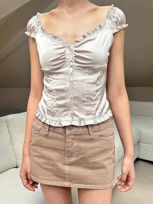 Elegant Pink Ruffle Satin Slim T-Shirt Blouse Women Summer Sexy V Neck Cotton Puff Sleeve Tees Sweet Girls Buttons Crop Top Y2K
