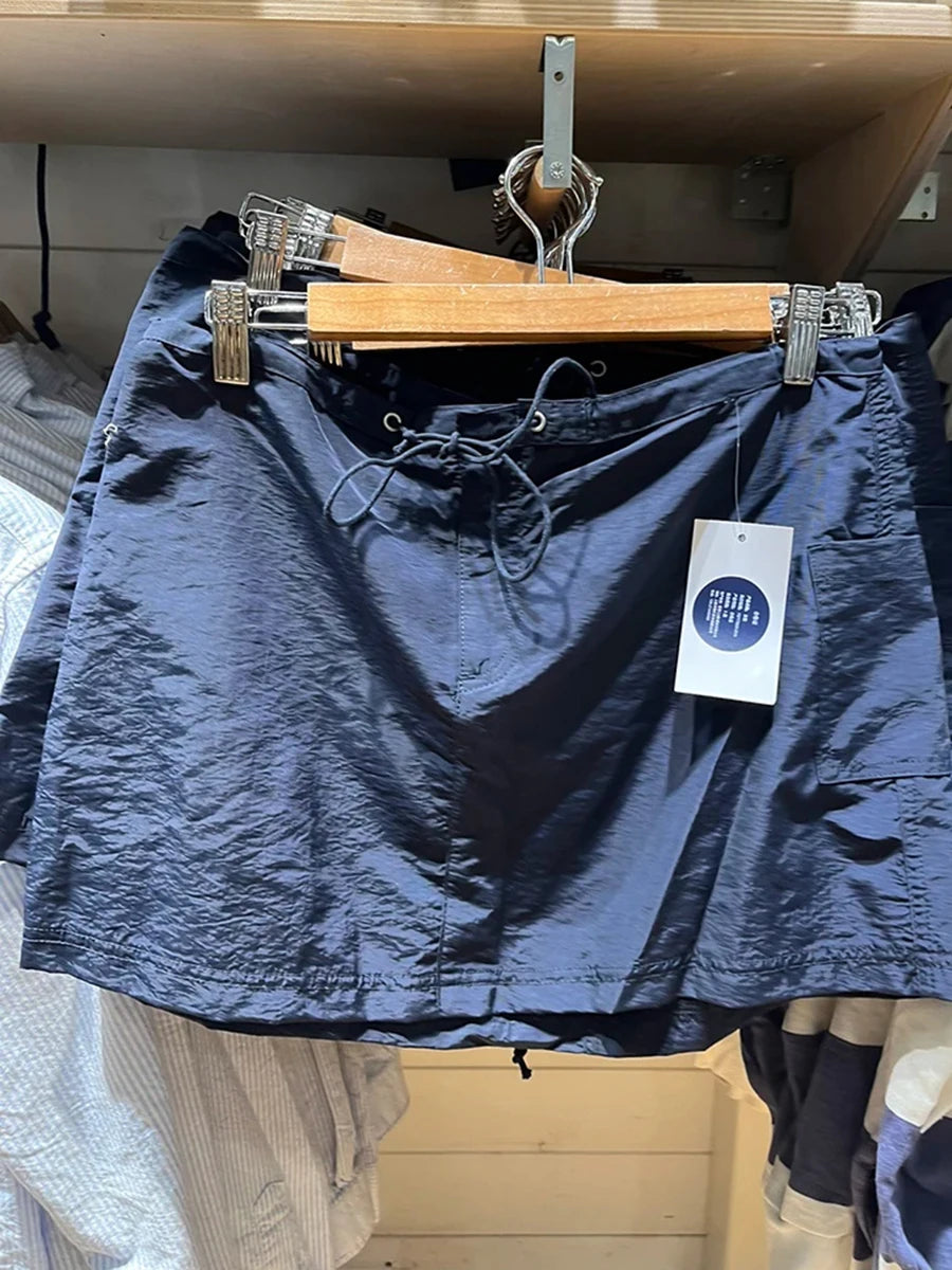 Vintage Pockets Cargo Mini Skirts Women New Casual Solid Streetwear Drawstring Sporty Falda Female Sweet Y2K Chic A-line Skirt