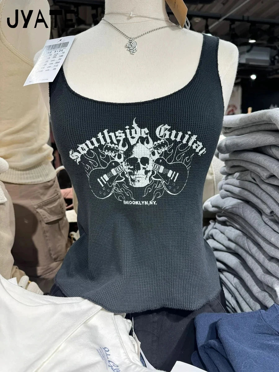 Fashion Skull Graphic Print Waffle Tank Tops Women New Casual Preppy Style Slim Sleeveless Vests Harajuku Vintage Chic Camis Y2K