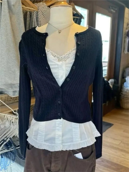 Navy Twist Knitted Cardigan Women Autumn Simple O-neck Casual Preppy Style Long Sleeve Jumper Vintage Cute Basic Sweater Tops
