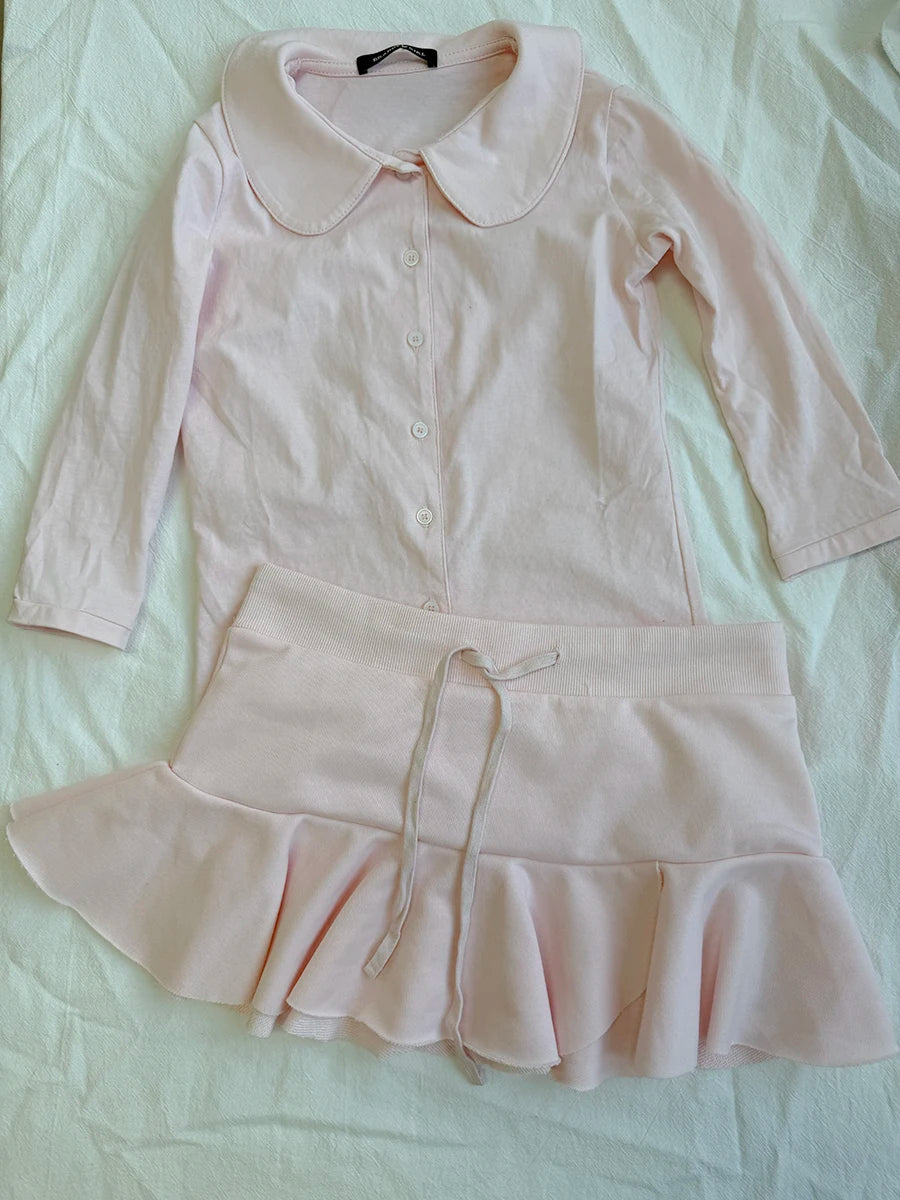 Mini Ballet Faldas Sets Women Casual Chic Pink Lace-up A-line Skirts Set Cute Sweet Preppy Style Short Skirt 2 Piece Set