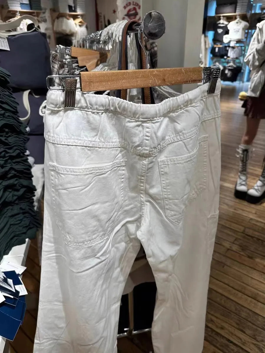 White Drawstring Basic Loose Pants Women Autumn Sexy Low Waist Pockets Straight Long Pant Baggy Streetwear Vintage Trousers Y2K