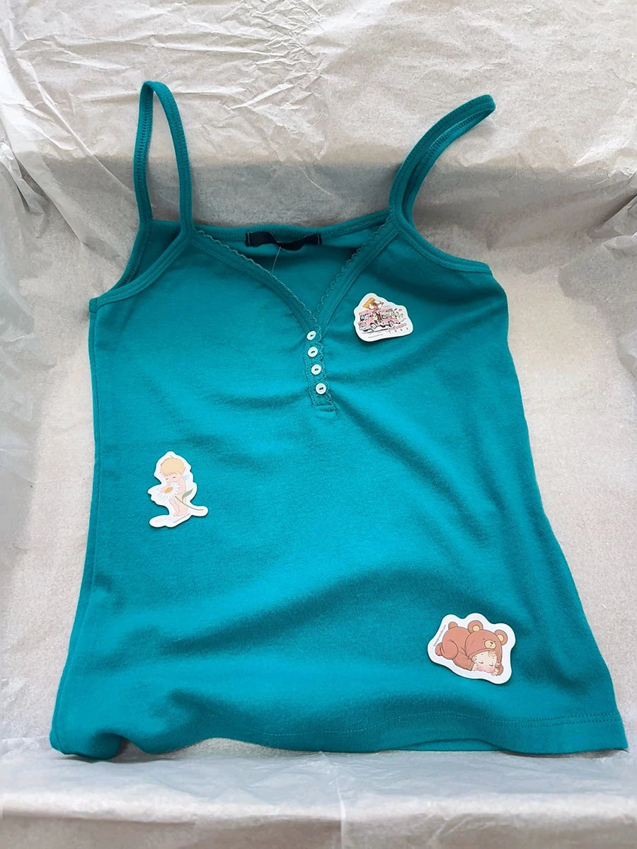 Solid Four Buttons Slim Crop Top for Woman Summer V-neck Cotton Cropped Camisole Fashion Streetwear Tank Tops New Y2k Vest