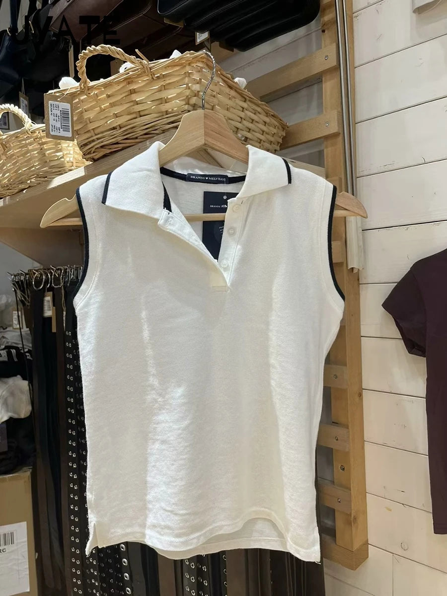 Vintage Turn Down Collar Buttons Tank Tops Women New Cotton Soft Patchwork Sleeveless Vests Chic Sweet Preppy Style Camisole Y2K
