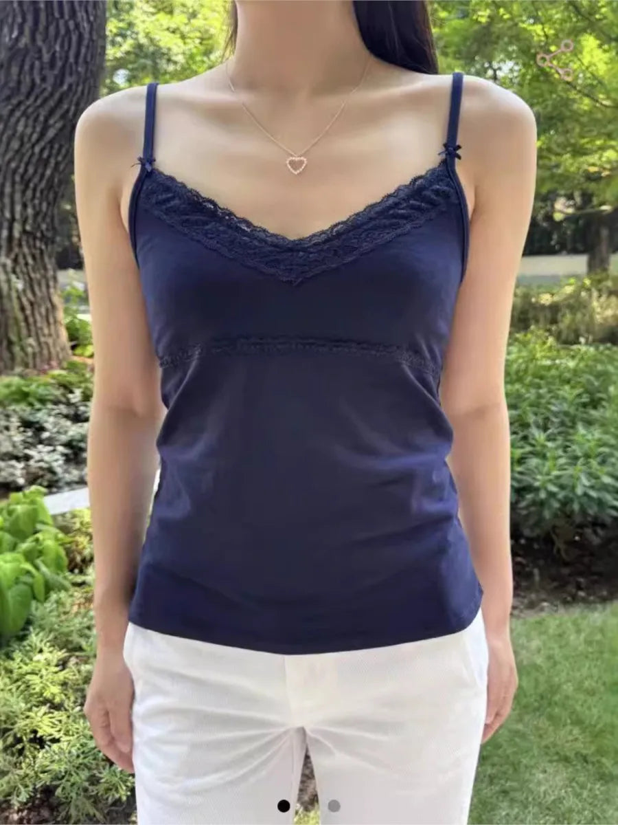 Vintage Navy Lace Trim Slim Tank Tops Women Casual Bow V-Neck Sleeveless Cotton Cropped Vest Sweet Chic Streetwear Crop Top Y2K