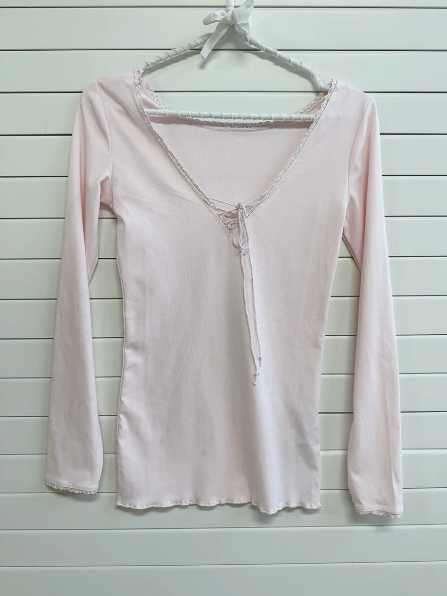 Sweet Lace Trim Long Sleeve Tees Women Casual Simple V-neck Lace-up Cotton Slim Tshirts Female Cute Preppy Style Chic T-shirts