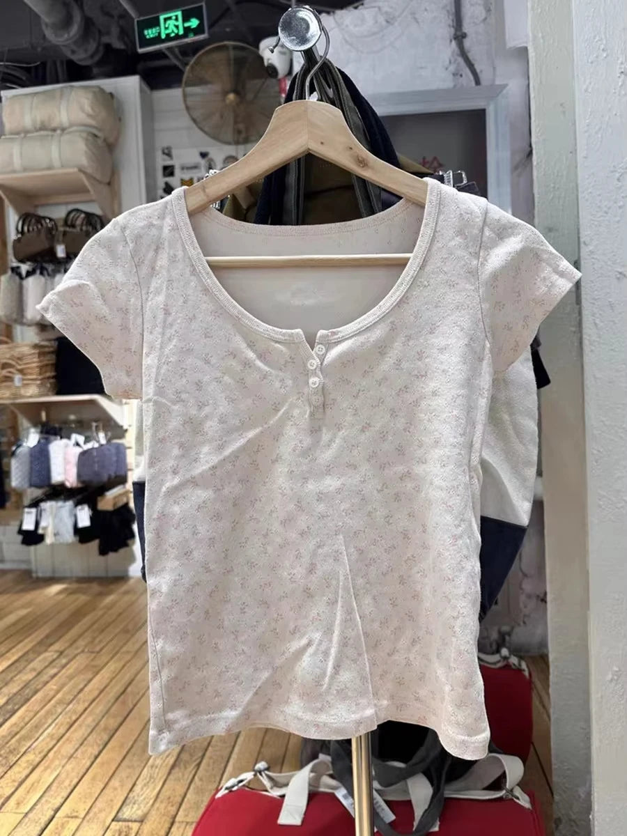 White Eyelet Buttons Slim T-shirts Women New Casual Pink Floral O-neck Short Sleeve Tees Sweet Preppy Style Cute Crop Tops Y2K