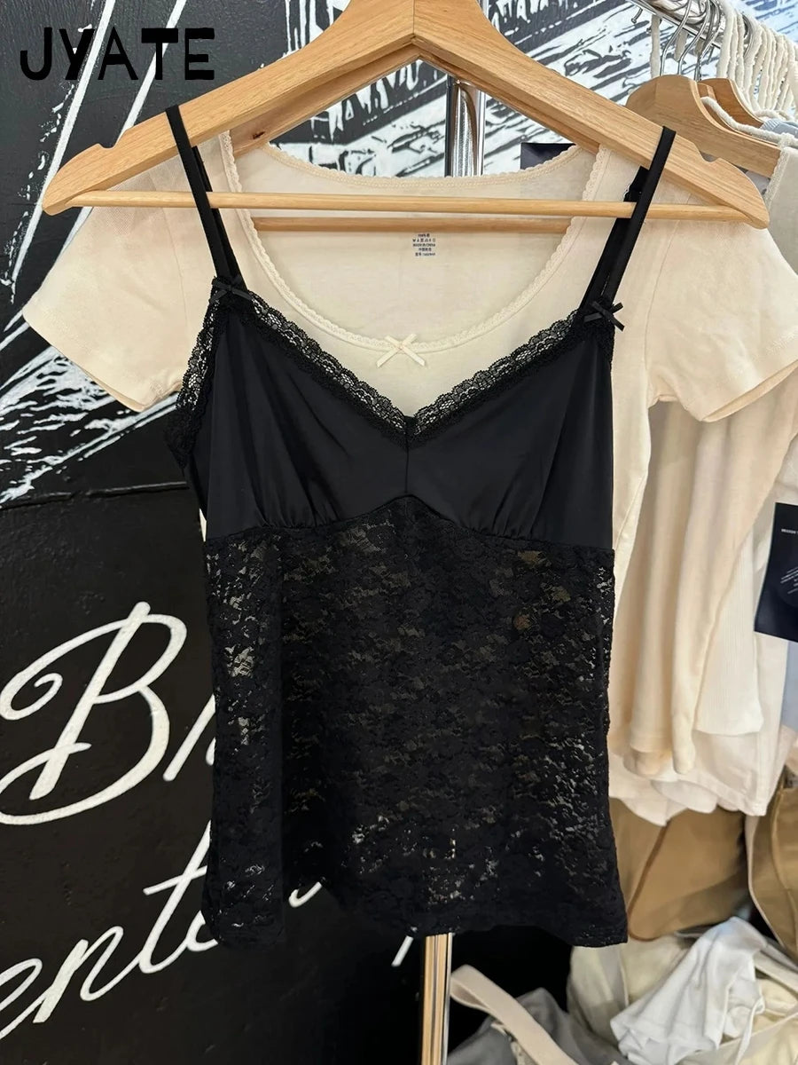 Black Lace Bow Transparent Bra Tank Tops Women Summer Streetwear Sleeveless V-Neck Thin Slim Vest Sweet Vintage Chic Camis Y2K