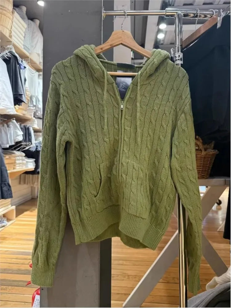 Green Twisted Flower Hooded Zipper Coat Women Fall Winter Long Sleeve Pocket Knit Knitwear Sweet Preppy Style Cardigan Sweater
