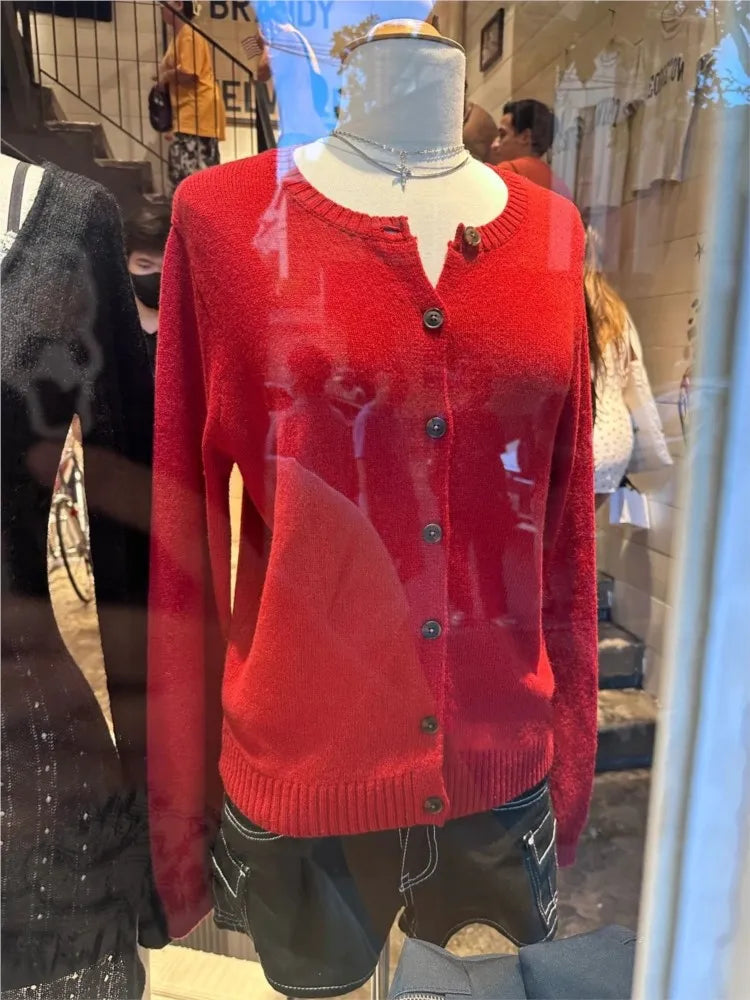 Christmas Red Knitted Sweater Cardigan Autumn Round Neck Single Breasted Cotton Knitwear Casual Vintage Chic Y2K Sweaters Coat
