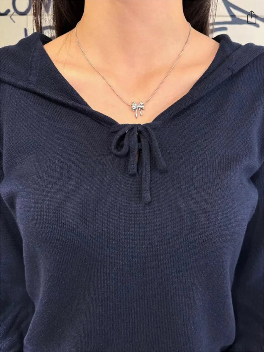Retro New Navy Hooded Sweaters Women Autumn Cotton Lace-up Long Sleeve Slim Jumpers American Vintage Streetwear Pullover Y2K Top