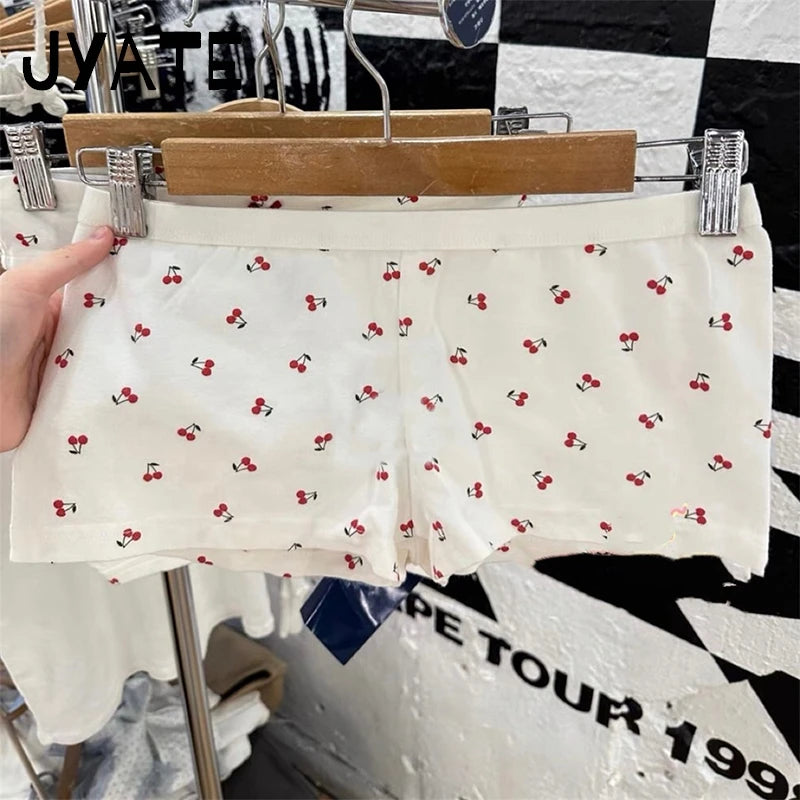 Cherry Print Patchwork Eyelet Camisole Women New Cotton Soft Casual Slim Sleeveless Cropped Vests Vintage Sweet Cute Tank Tops