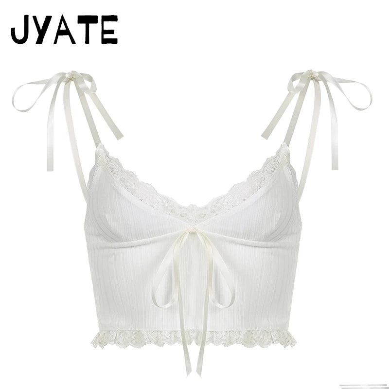 White Lace Trim Straps Tank Tops Women New Cotton Streetwear Sexy V-neck Slim Bow Cropped Vests Sweet Cute Vintage Camisole Y2K