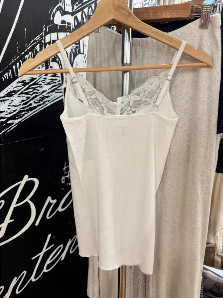 Fashion White Lace Trim Button Ribbed Slim Tank Top Women Summer Sleeveless Cotton Simple Vest Vintage Sweet Basic Camis Y2K Top