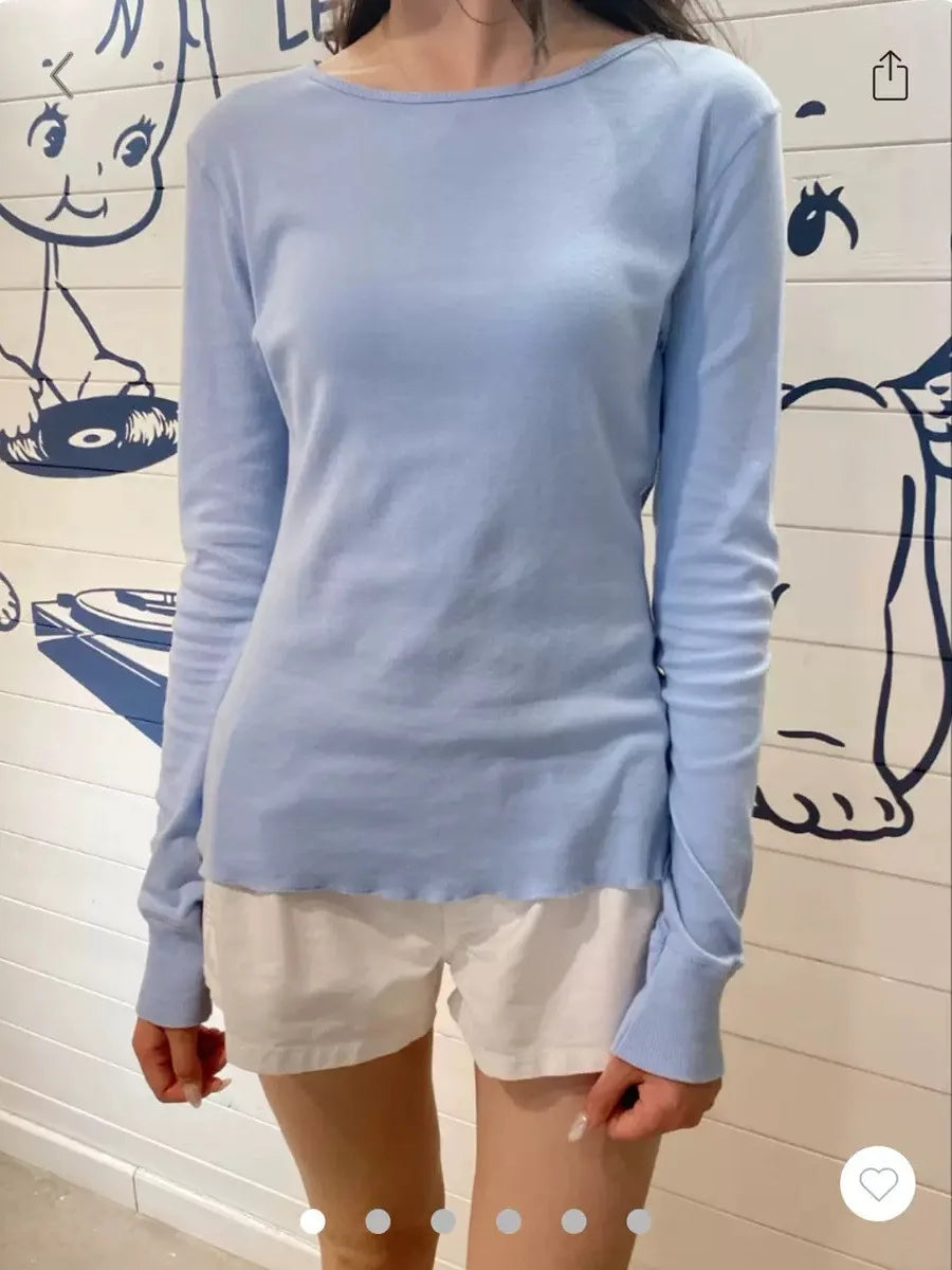 Taro Purple Ribbed Patchwork Long Sleeve Tees Women Autumn Simple Basic Buttons O-neck Tshirt Female Sweet Cute Cotton T-shirts