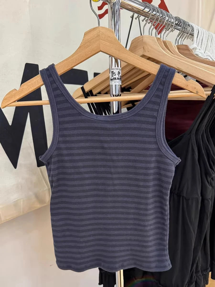 Navy Striped Buttons Tank Tops Women Summer Casual Streetwear Simple Cotton Slim Camisole Female Vintage American Chic Vests Y2K