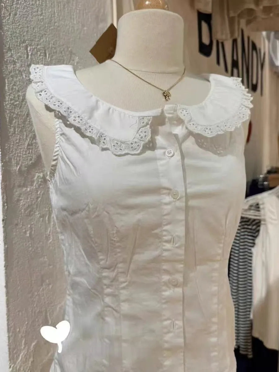 White Lace Trim Button Tank Tops Women Summer New Streetwear Slim Cotton Crop Top Female Sweet Casual Preppy Style T-shirts Y2K