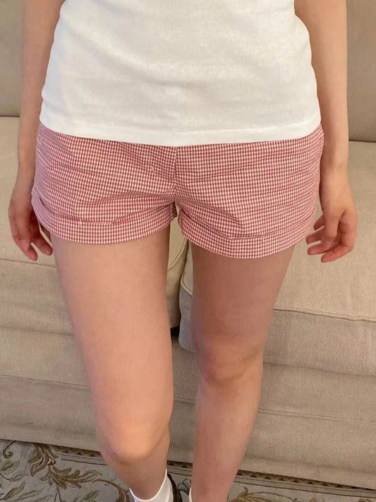 Sweet Pink Plaid Button Shorts Women Summer Cotton Casual Loose Elastic High Waist Short Pants Vintage Preppy Style Sweatshort