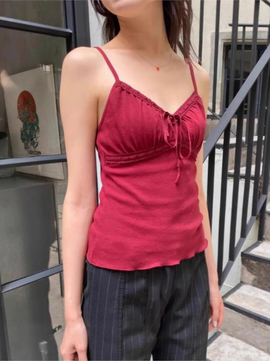 Red Retro Folds V-neck Tank Tops Women Summer New Sexy Casual Sexy Slim Lace-up Sleeveless Vests Vintage Sweet Simple Camisole