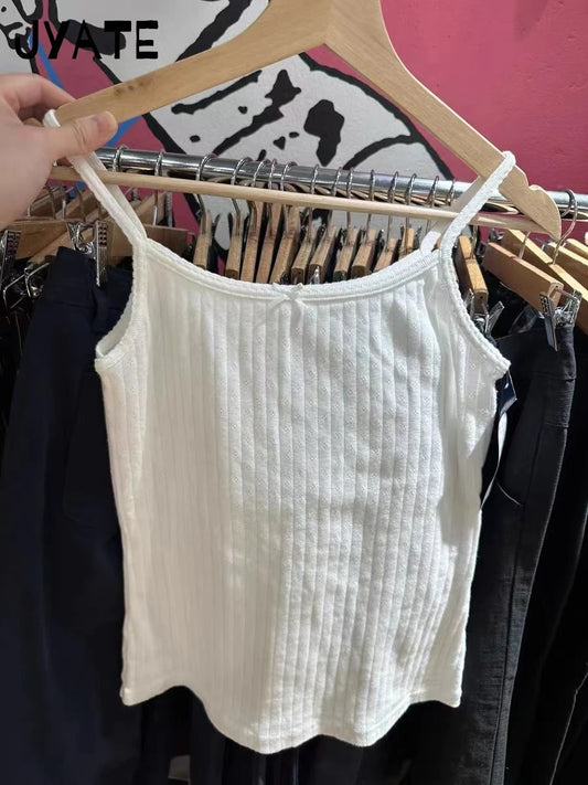 Basic White Eyelet Bow Tank Tops Women Summer New Cotton Soft Casual Slim Sleeveless Cropped Vest Sweet Chic Cute Cozy Camis Y2K