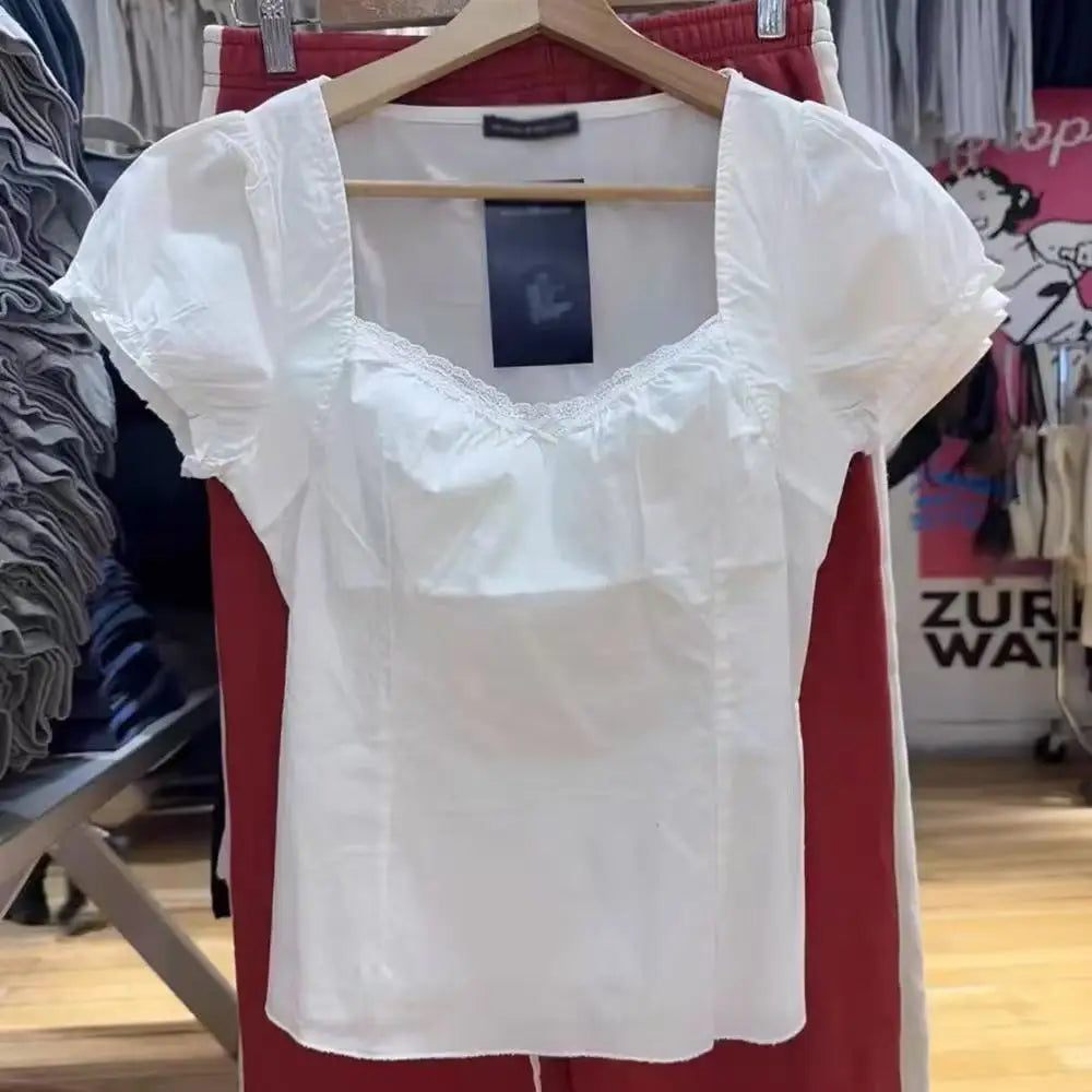 Blue Plaid  Lapel Blouse Women Summer Casual Preppy Style Buttons Short Sleeve Tees Sweet Vintage Cute T-shirts Y2K Tops New