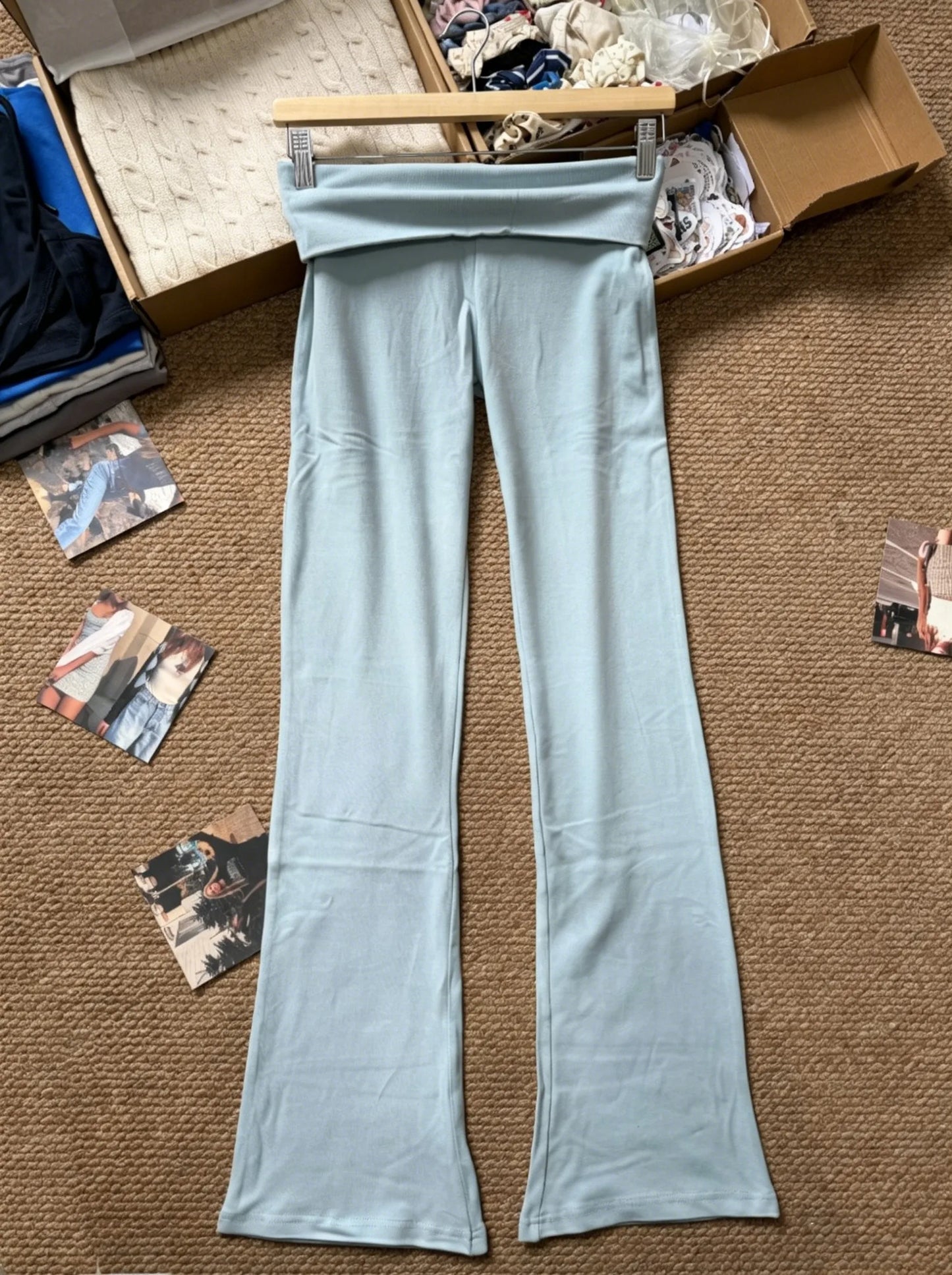 Solid Flip Up Skinny Cotton Yoga Pants Women Casual Simple Elastic High Waist Flare Pant Sweet Cute Straight Sport Trousers Y2K