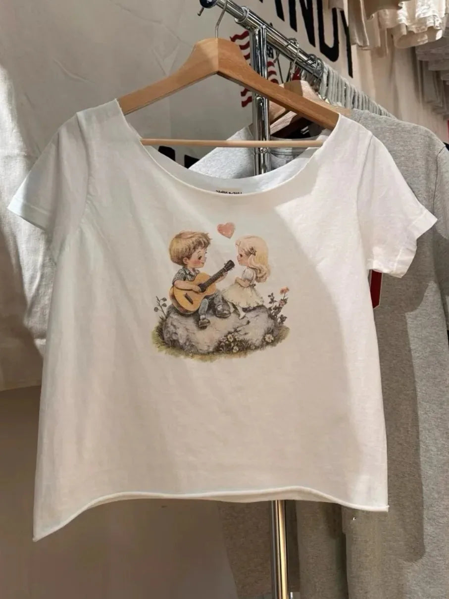 Letter Patchwork Embroidery T-shirts Women Casual Simple Raw Hem Slash Neck Short Sleeve Tees Vintage Chic Sweet Crop Tops Y2K