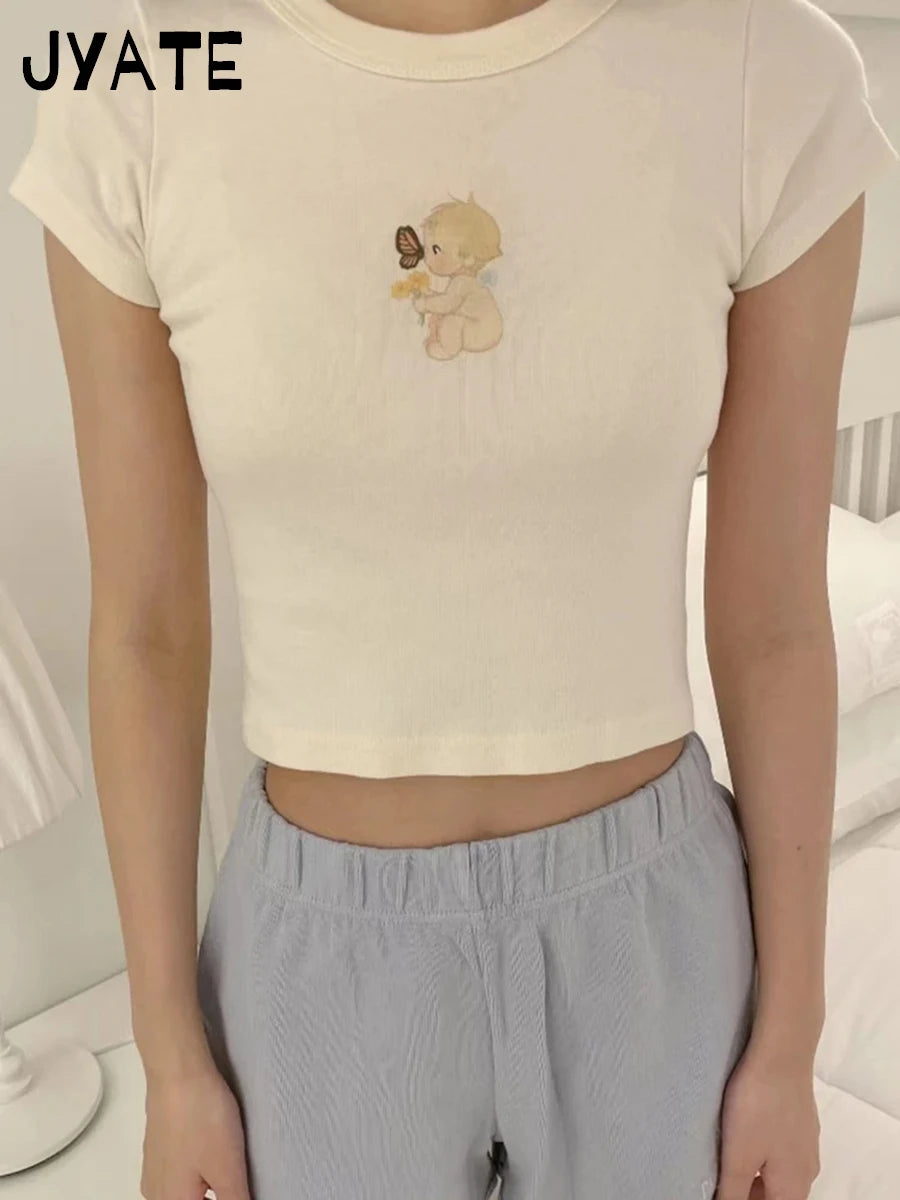 Cartoon Angel Print Cute Slim T-shirts Women Summer O-neck Cotton Harajuku Streetwear Short Sleeve Tees Sweet Chic Y2K Crop Tops