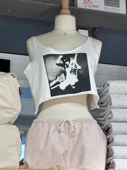 Guitar Print Raw Hem Cropped Vests Women New Fashion Cotton Casual Preppy Style Sleeveless Crop Top Vintage Sweet Tank Tops Chic