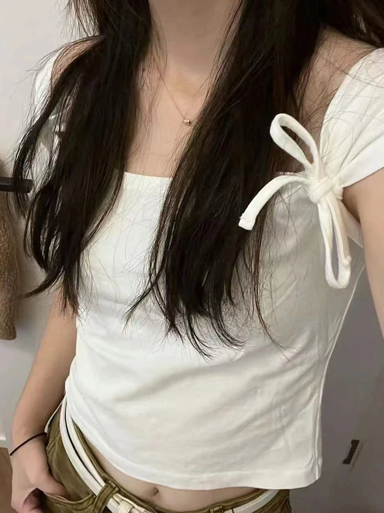 Sweet White Bow Cotton Short Sleeve Tees Women Slim Streetwear Casual Harajuku Square Collar Crop Tops Vintage Cute Y2K Shirts