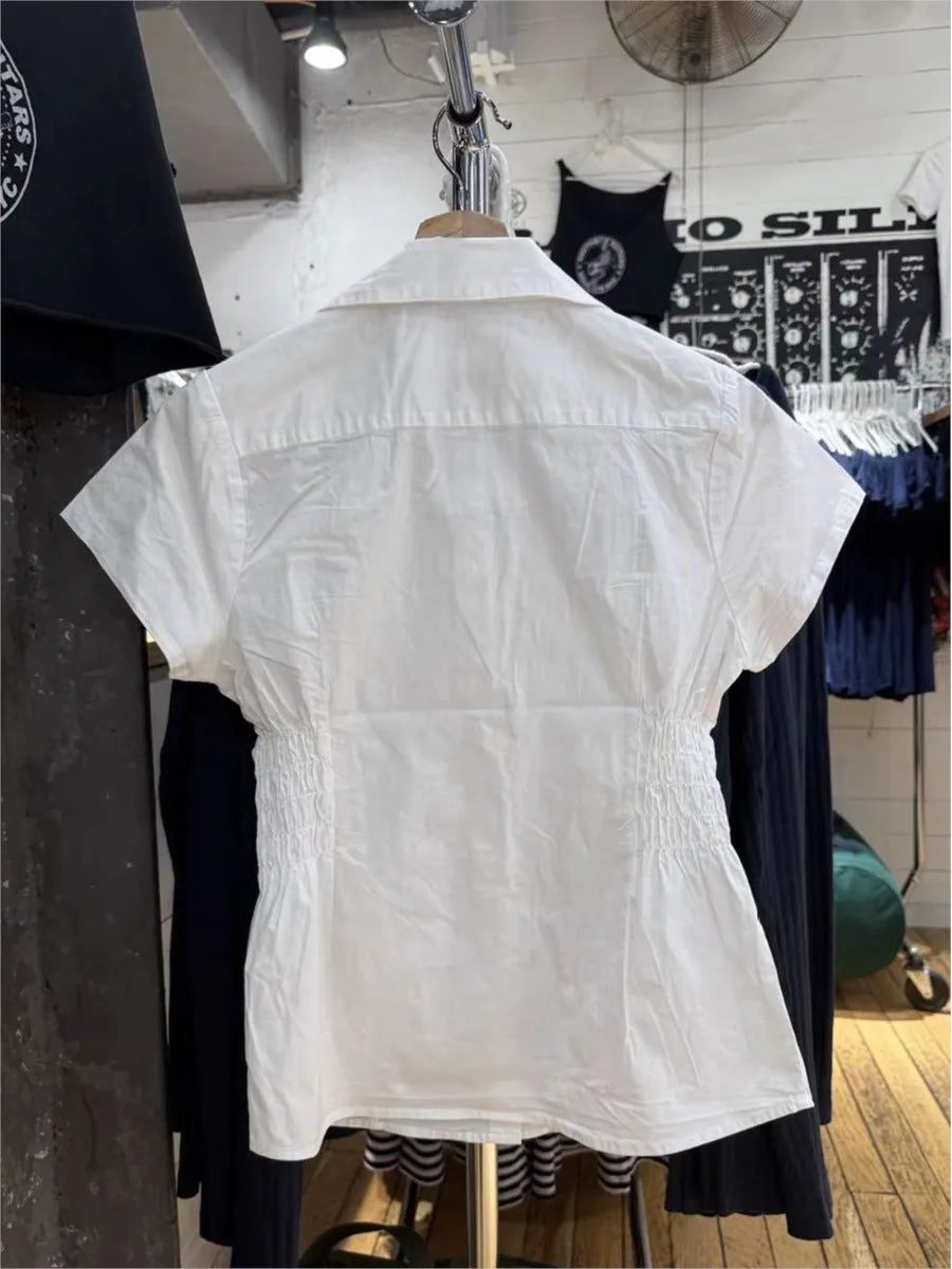 White Elastic Waist Slim T-shirt Blouse Woman Summer Turn Down Collar Short Sleeve Shirts Female Casual Simple Preppy Style Tees
