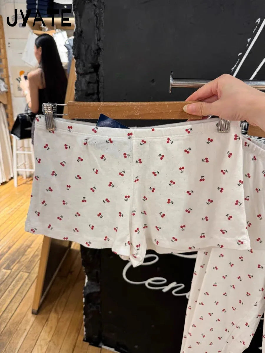 Cherry Print Eyelet Straight Home Underwear Women New Cotton Soft Elastic Waist Pajama Short Pants Sweet Cute Preppy Shorts Y2K