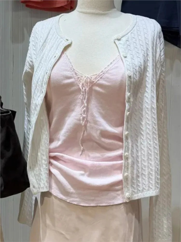 Lace Trim Long Sleeve Tees Women Spring Streetwear Cotton Slim V-neck Lace-up Tops Sweet Cute Pink Chic T-shirts