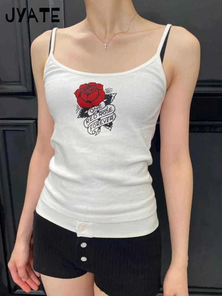 Sweet Rose Print Cotton Soft Tank Tops Women Summer New Casual Streetwear Sleeveless Slim Vests Vintage Chic Cute Camisole Y2K