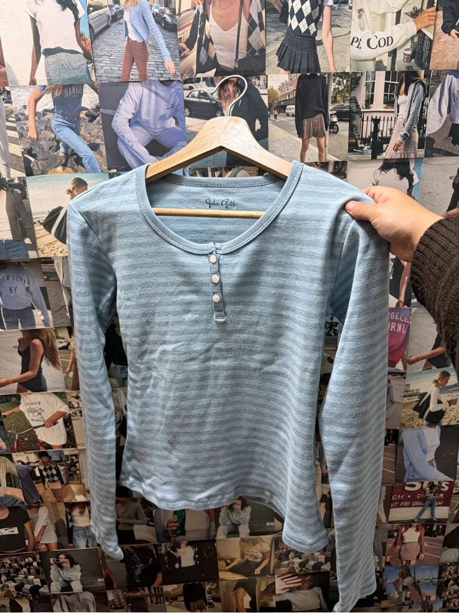 Blue Striped Slim Long Sleeve Tees Women Spring Casual Cotton O-neck Tshirt New Tops Clothes Sweet Cute  Vintage T-shirts Y2K