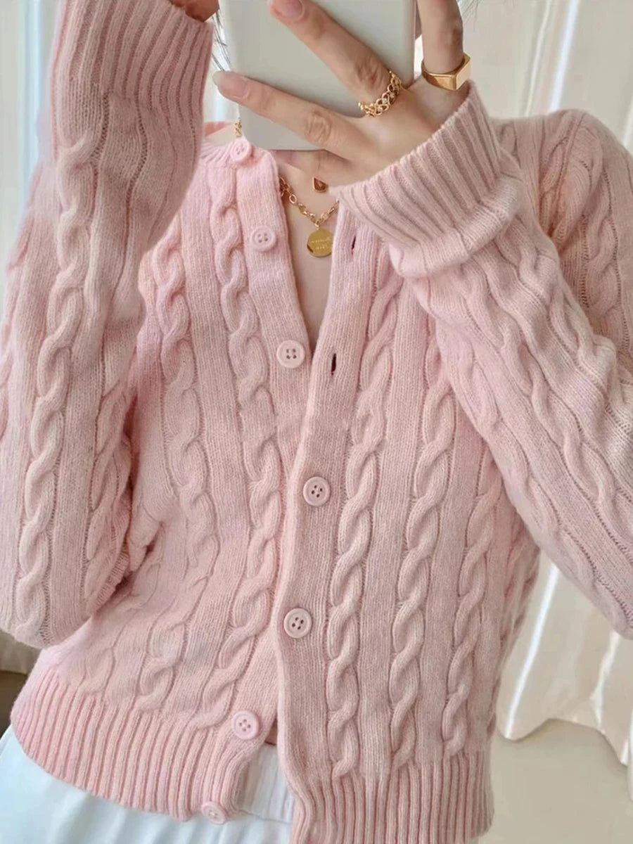 Pink Sweet Twisted Flower Slim Sweater Women Autumn Cotton Soft Single-Breasted Casual Jumper Outerwear Vintage Chic Cardigans