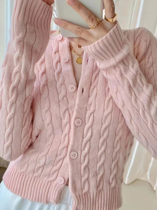 Pink Sweet Twisted Flower Slim Sweater Women Autumn Cotton Soft Single-Breasted Casual Jumper Outerwear Vintage Chic Cardigans