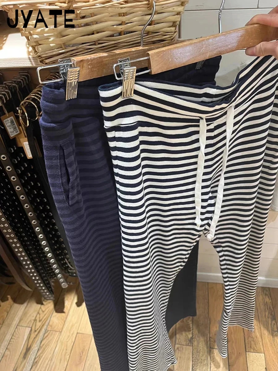 Vintage Classic Striped Drawstring Wide Leg Pants Women Cotton Soft High Waist Casual Sweatpant Harajuku Chic Sweet Trousers Y2K