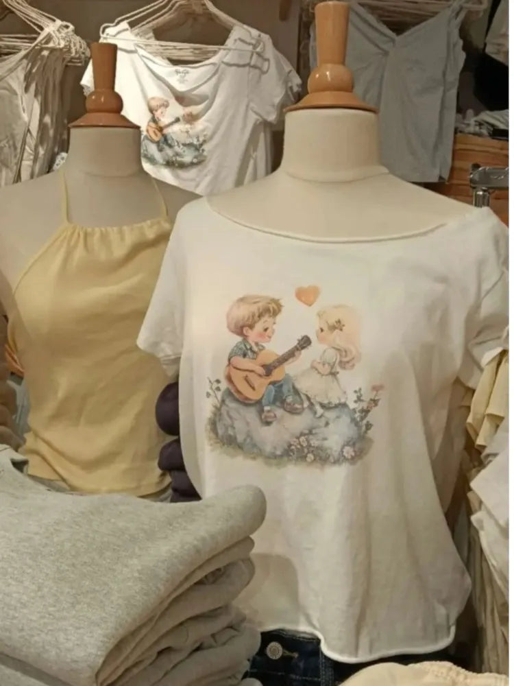 Retro Raw Hem Slash Neck Crop Top Women Simple Letter Print Slim Cotton Short Sleeve Tee Vintage Sweet Preppy Style Tshirt Y2K