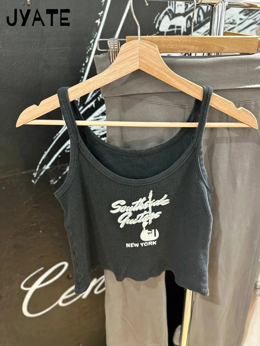 Harajuku Guitar Print Cotton Ribbed Tank Tops Women Casual Slim Classic Black U-neck Cropped Vests Vintage Chic Simple Camisole