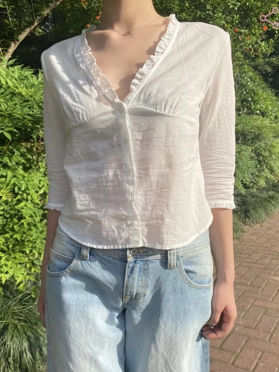 White Ruffles  Single Breasted T-Shirt Blouse Women Summer V-neck Haft Sleeve Tee Shirts Simple Sweet All-match Thin Tshirts New