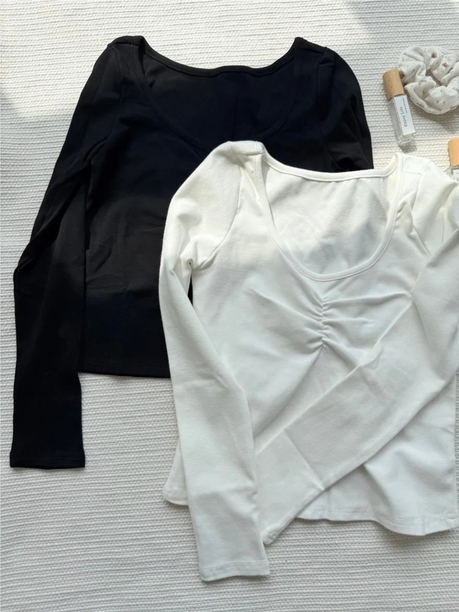 White Sexy Folds Long Sleeve Crop Top Women New Crew Neck Cotton Slim Simple Basic T-shirts Female Sweet Chic Cropped Tees Tops