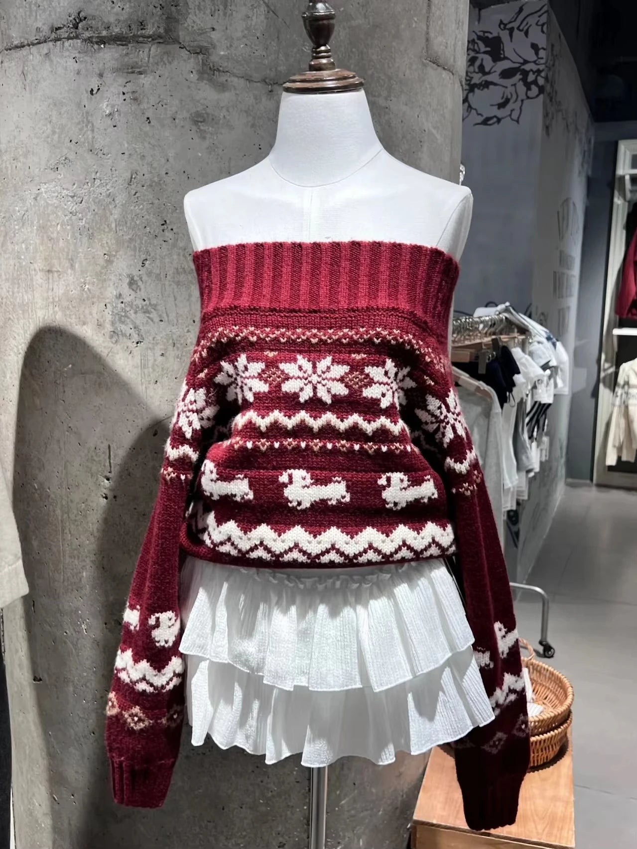 Geometric Jacquard Sweater Women Sexy Slash Neck Cotton Long Sleeve Slim Pullover Top Retro Sweet Cute Knit Sweater Y2k Jumpers