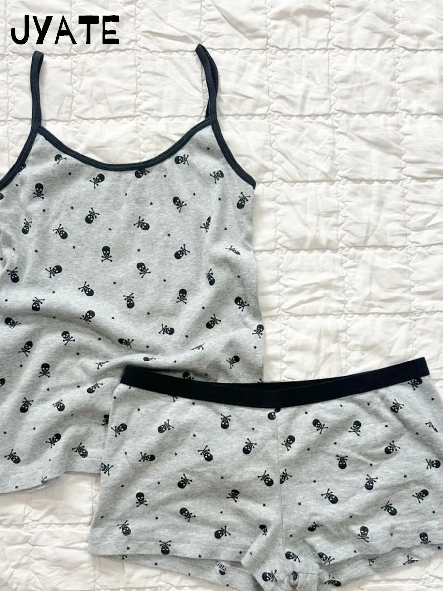 Skull Print Camisole Two Piece Set Women Summer Cotton Tank Tops+Elastic Waist Short Casual Vintage Preppy 2 Sets Y2K