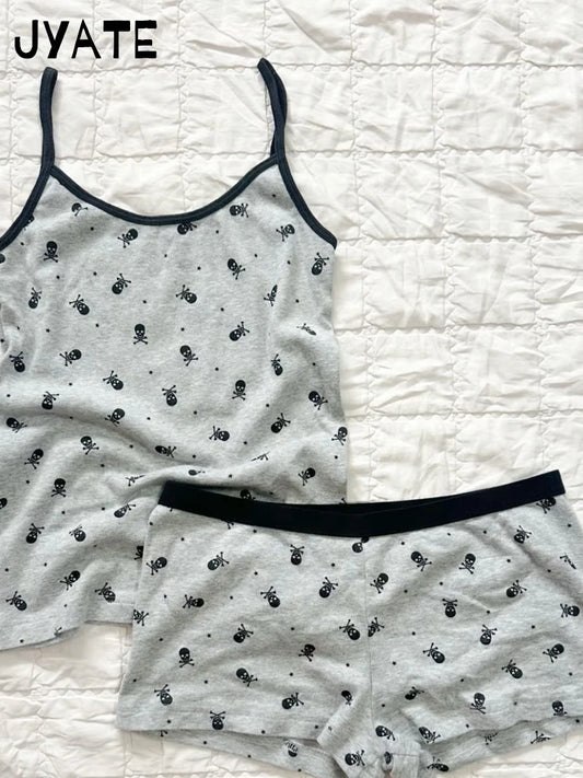 Skull Print Camisole Two Piece Set Women Summer Cotton Tank Tops+Elastic Waist Short Casual Vintage Preppy 2 Sets Y2K