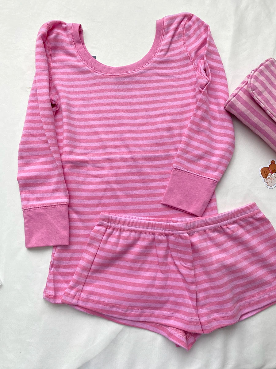Cotton Pink Striped T-shirts Shorts Set Women Cute Slim U-neck Top+Elastic Waist Short Pant Cozy Sweet Home Pajama 2 Piece Sets