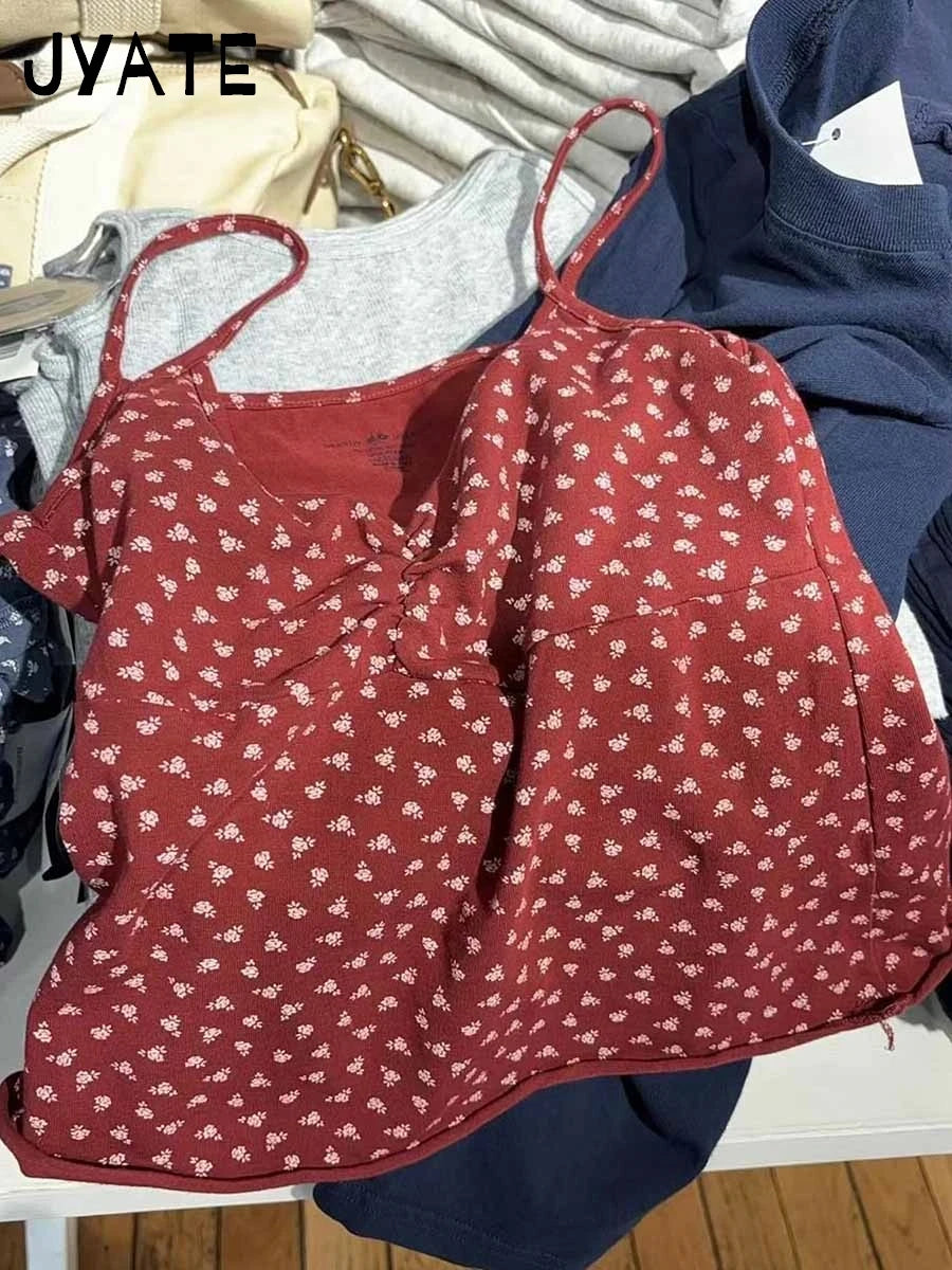 Sweet Red Floral Print Folds V-neck Tank Tops Women Summer New Casual Slim Sexy Sleeveless Vests Vintage Cute Chic Camisole Y2K