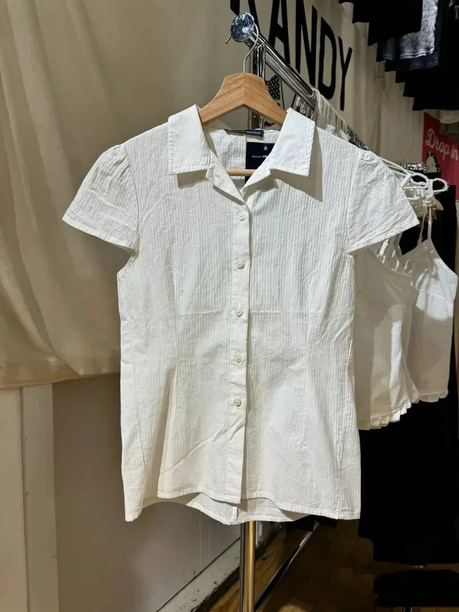 Retro Red Buttons Blouse Women Summer New Streetwear Lapel Short Sleeve Tees Sweet Vintage Cute Preppy Style T-shirts Y2K Tops