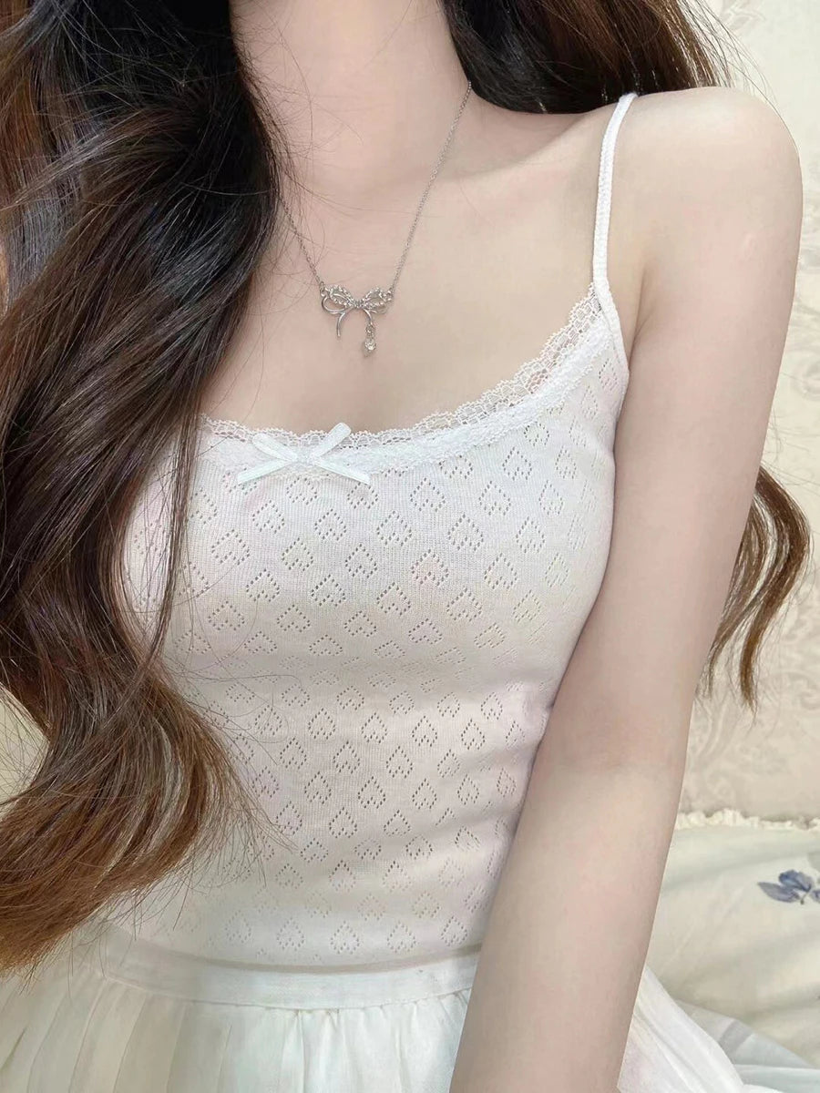 Heart Hollow Out Bow Tank Tops Women Summer Casual Chic Lace Trim White Sleeveless Vests Female Sweet Vintage Cute Y2K Crop Top