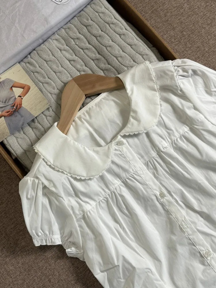 Black Polka Dot Peter Pan Collar Blouse Women Casual Streetwear Buttons Short Sleeve Tees Sweet Preppy Style T-shirts Y2K Tops